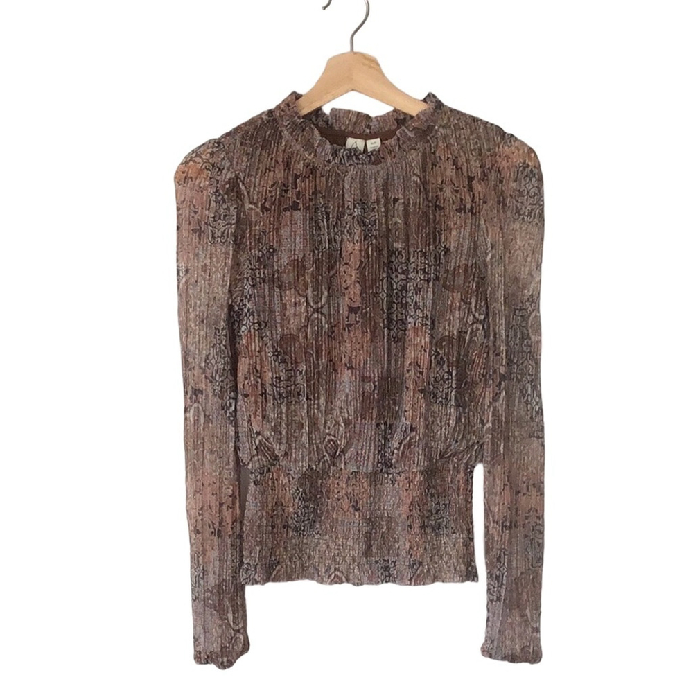 Joie Pink Brown Long Sleeve Pleated Mock Neck Blouse
